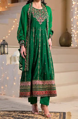 Women's 3 Piece Luxury Raw Silk Long Frock – Indian Green