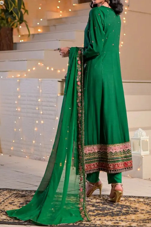 Women's 3 Piece Luxury Raw Silk Long Frock – Indian Green