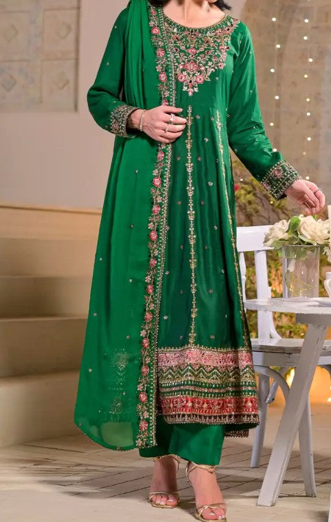 Women's 3 Piece Luxury Raw Silk Long Frock – Indian Green