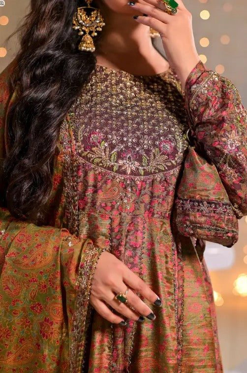Women's 3 Piece Printed Raw Silk Anarkali Suit – Brunette