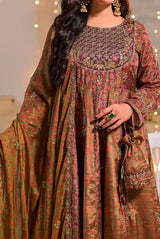 Women's 3 Piece Printed Raw Silk Anarkali Suit – Brunette