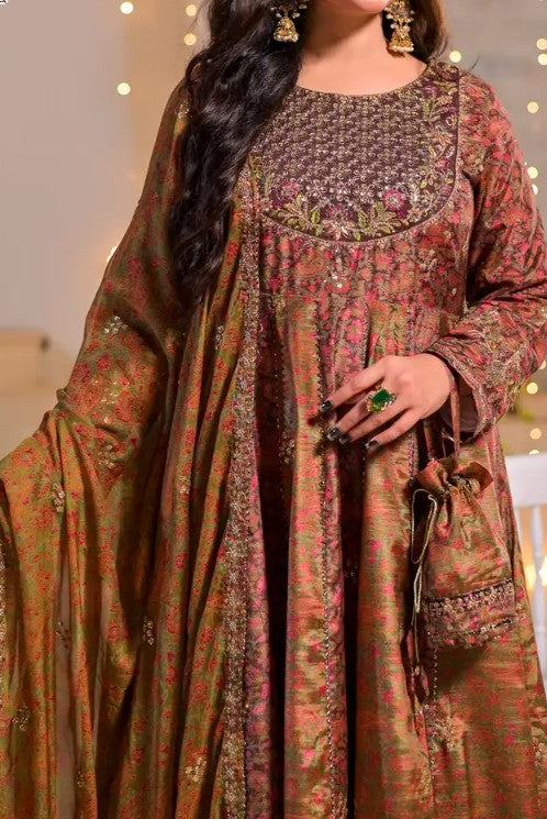 Women's 3 Piece Printed Raw Silk Anarkali Suit – Brunette