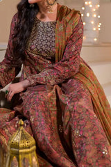 Women's 3 Piece Printed Raw Silk Anarkali Suit – Brunette