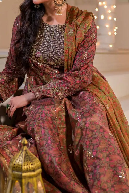 Women's 3 Piece Printed Raw Silk Anarkali Suit – Brunette