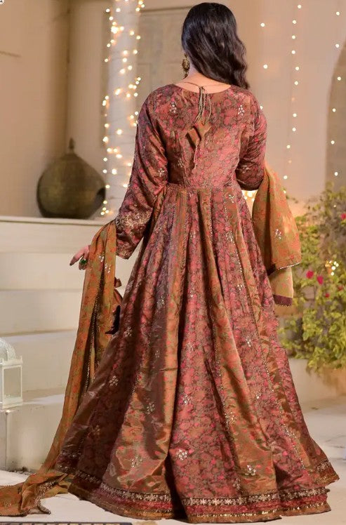 Women's 3 Piece Printed Raw Silk Anarkali Suit – Brunette