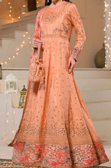 Women's Peach Embroidered Maxi Dress with Tissue Silk Dupatta
