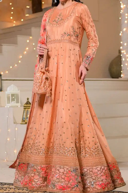 Women's Peach Embroidered Maxi Dress with Tissue Silk Dupatta