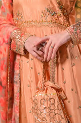 Women's Peach Embroidered Maxi Dress with Tissue Silk Dupatta