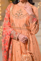 Women's Peach Embroidered Maxi Dress with Tissue Silk Dupatta