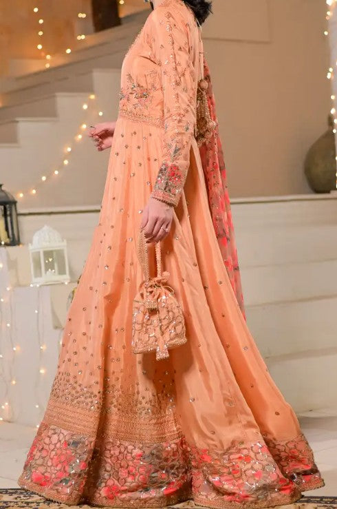 Women's Peach Embroidered Maxi Dress with Tissue Silk Dupatta