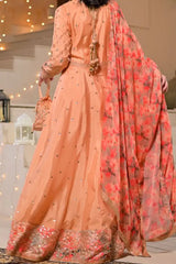 Women's Peach Embroidered Maxi Dress with Tissue Silk Dupatta