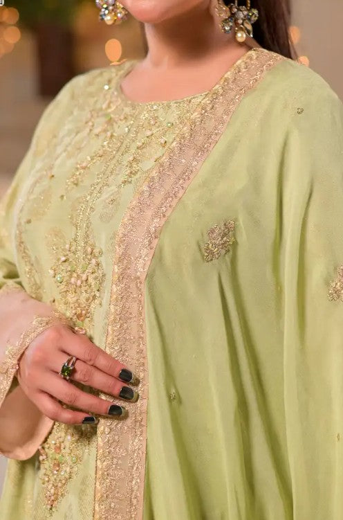 Women's 3 Piece Fancy Jacquard Long Dress – Pistachio