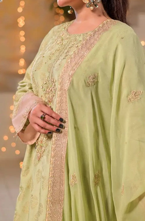 Women's 3 Piece Fancy Jacquard Long Dress – Pistachio