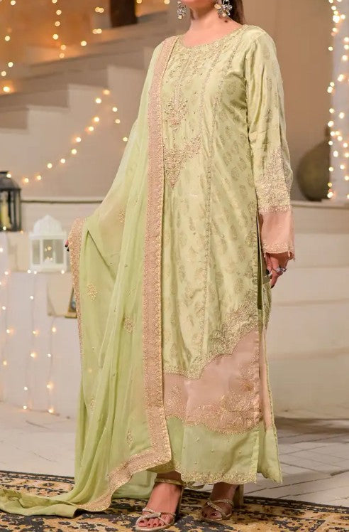 Women's 3 Piece Fancy Jacquard Long Dress – Pistachio