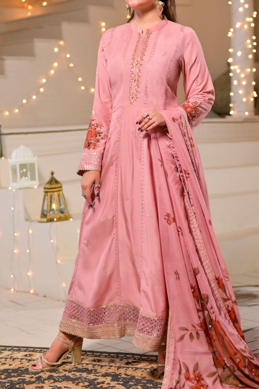 Women's 3 Piece Fancy Viscose Embroidered Frock – Tea Pink