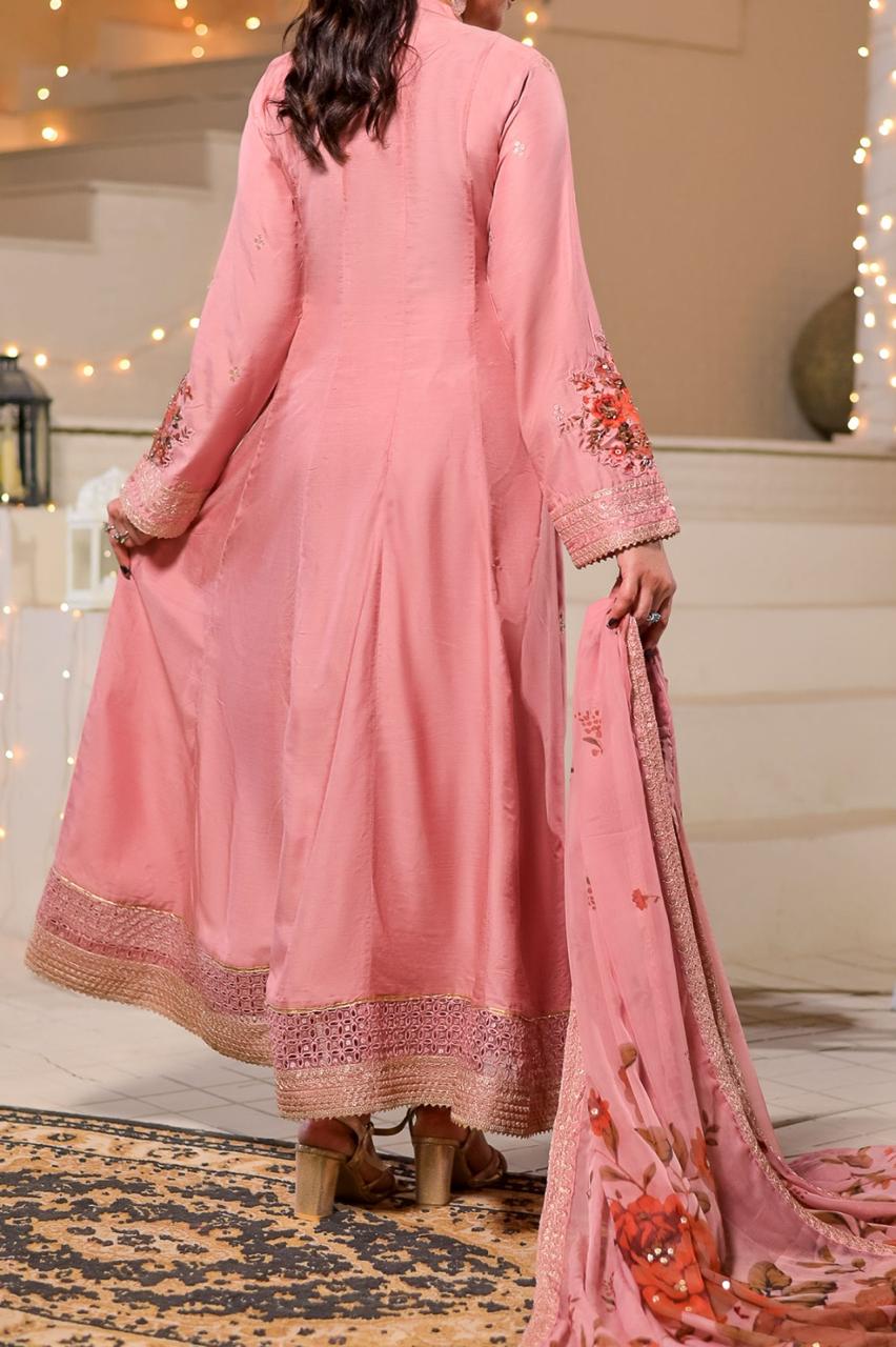 Women's 3 Piece Fancy Viscose Embroidered Frock – Tea Pink