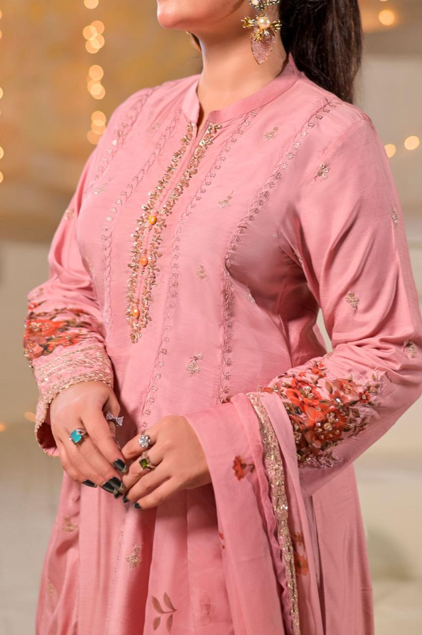 Women's 3 Piece Fancy Viscose Embroidered Frock – Tea Pink