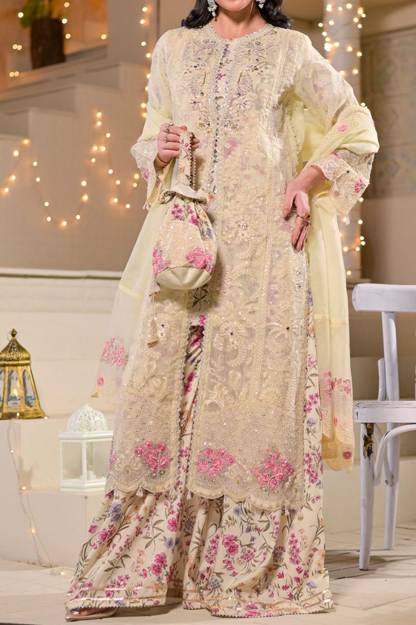 Women's 3 Piece Fancy Slub Organza Gown with Sharara – Off White