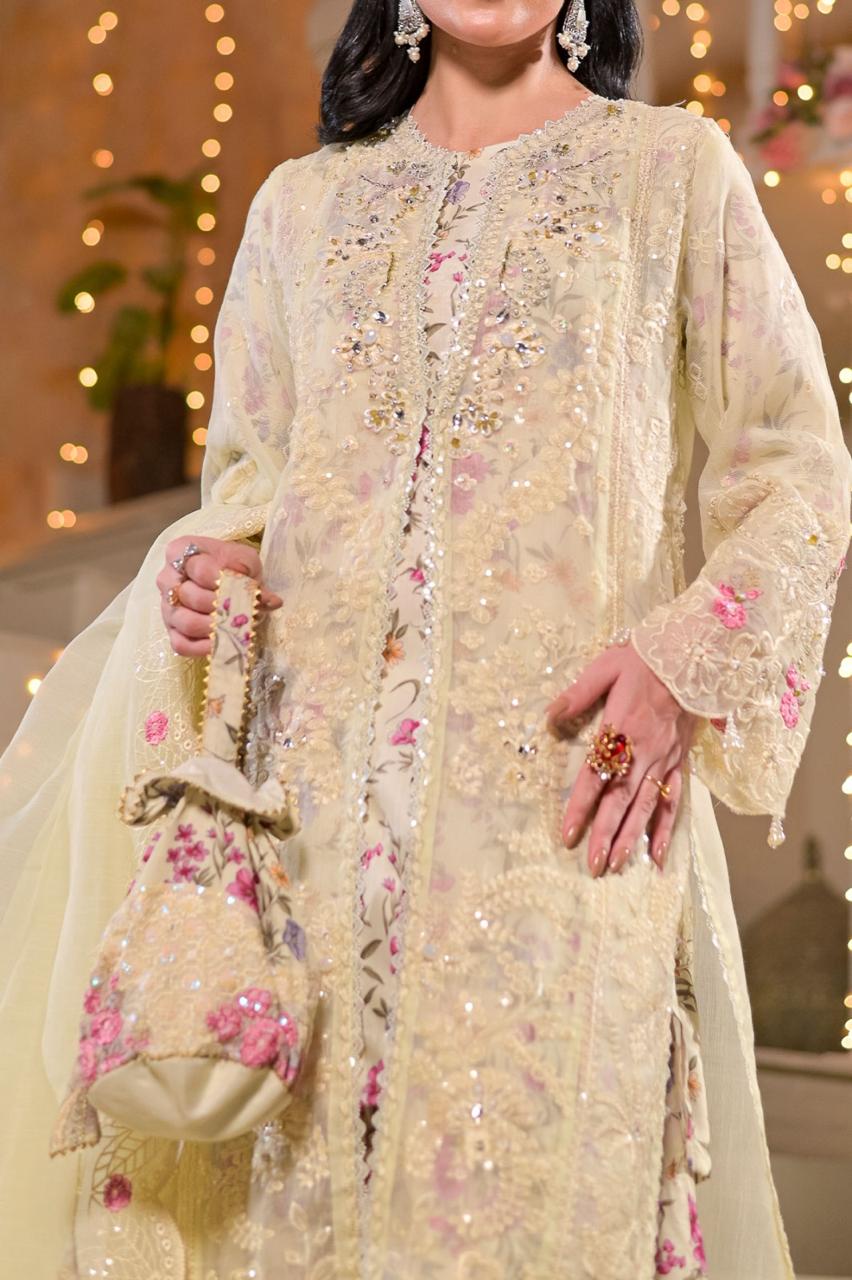 Women's 3 Piece Fancy Slub Organza Gown with Sharara – Off White