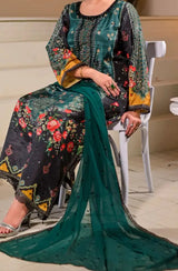Women's 3 Piece Printed Raw Silk Long Dress – Black
