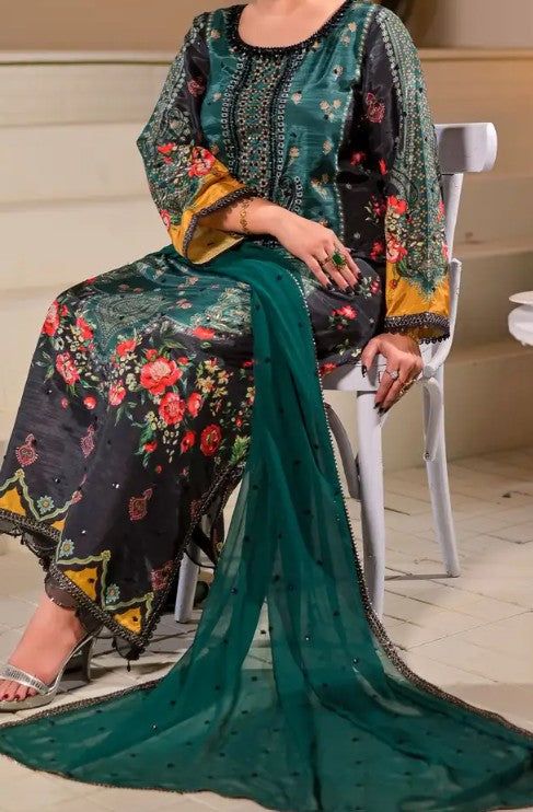 Women's 3 Piece Printed Raw Silk Long Dress – Black