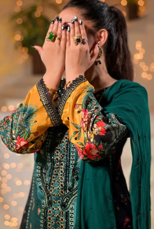 Women's 3 Piece Printed Raw Silk Long Dress – Black