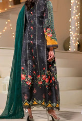 Women's 3 Piece Printed Raw Silk Long Dress – Black