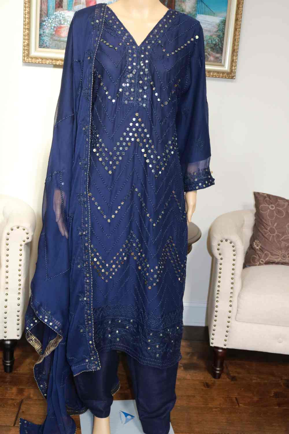 Embroidered Chiffon Suit Black