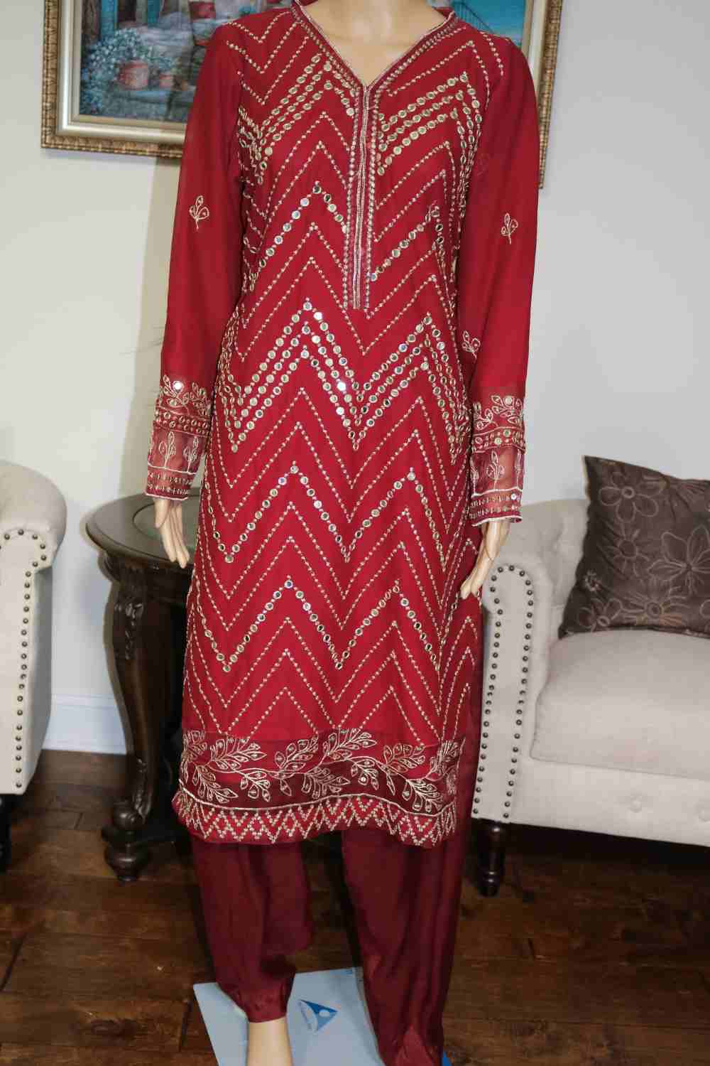 Embroidered Chiffon Suit Maroon