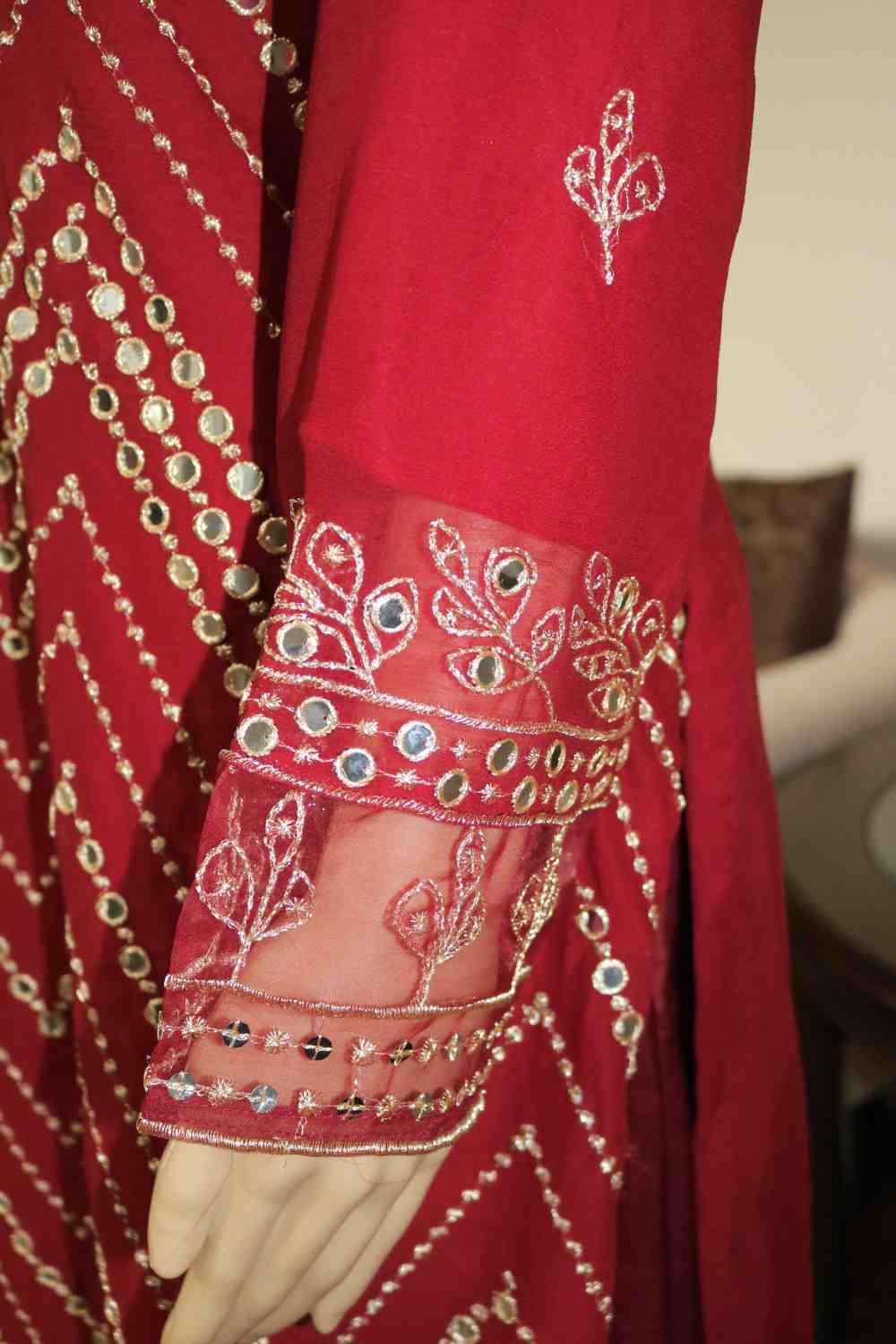 Embroidered Chiffon Suit Maroon