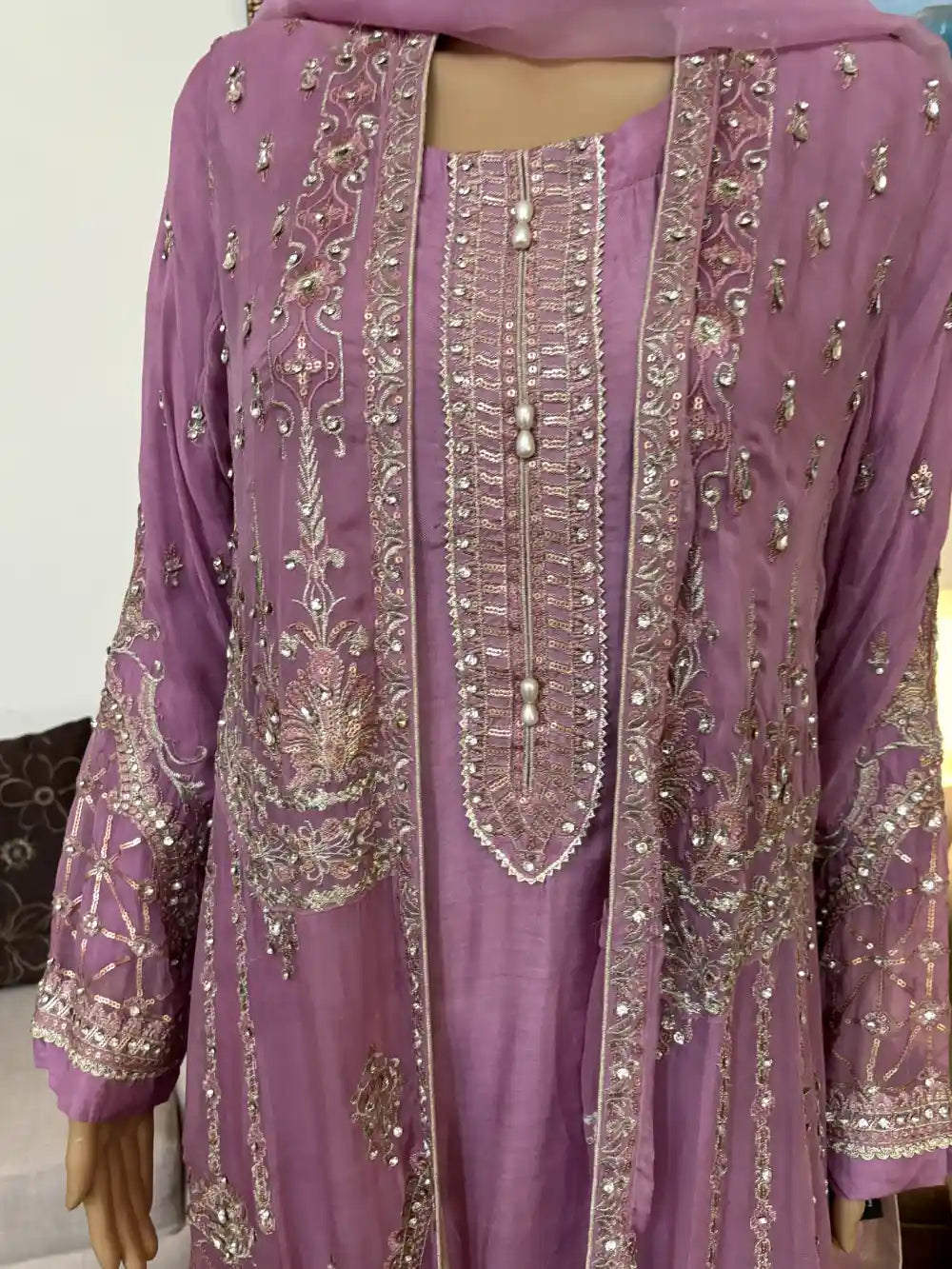 3pc Gown Style shirt with Elegant Stone and sequence work