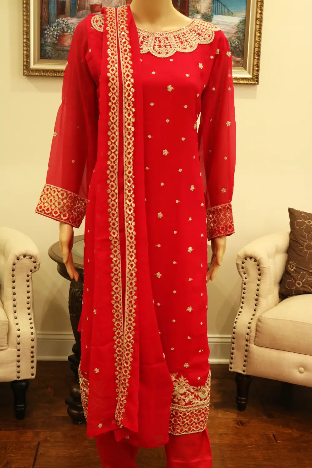 Luxury pinkish red 3pc chiffon suit Pakistani wedding wear