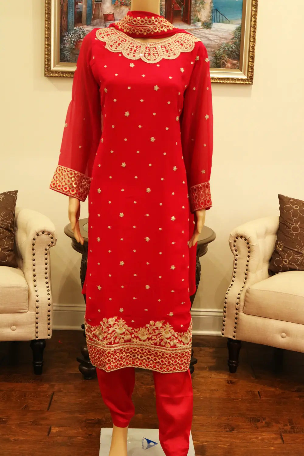 Luxury pinkish red 3pc chiffon suit Pakistani wedding wear