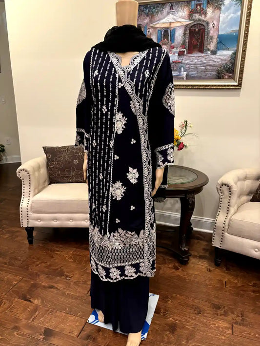 3pc lilen shifli and embroidered angrakha frock with sharara