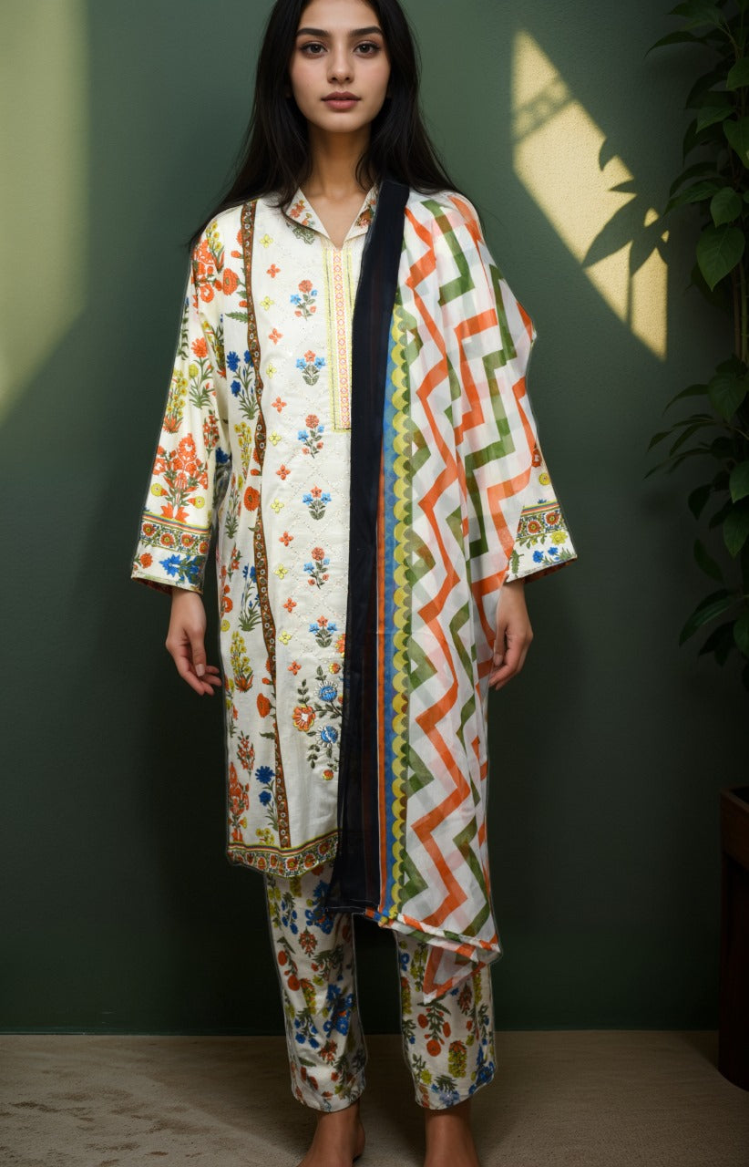 3 pc Embroidered lawn dress with Chiffon Dupatta