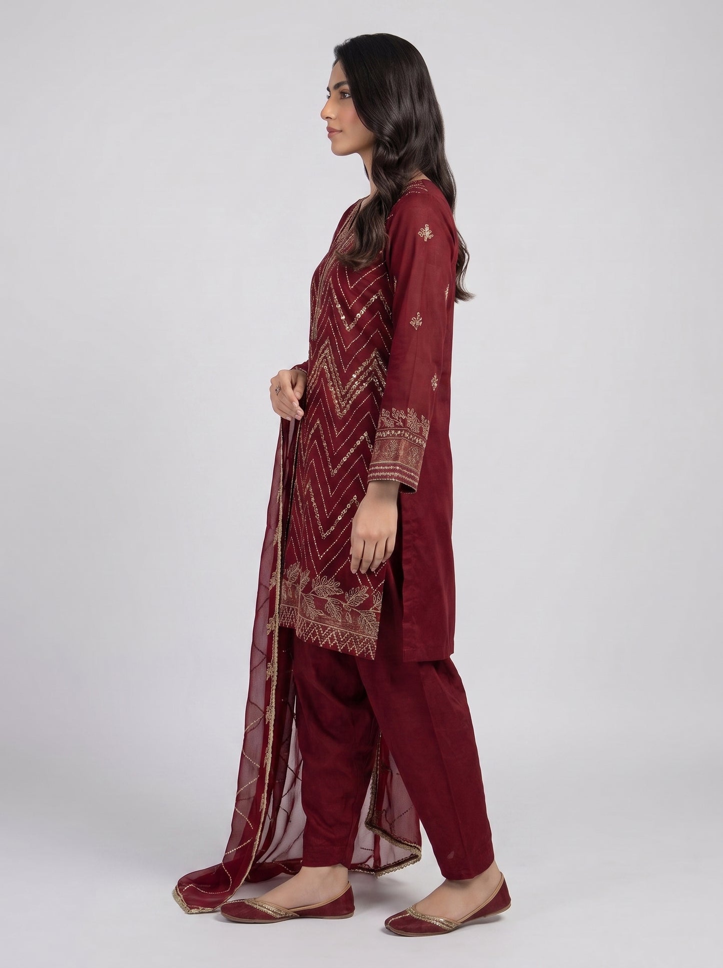 Embroidered Chiffon Suit Maroon