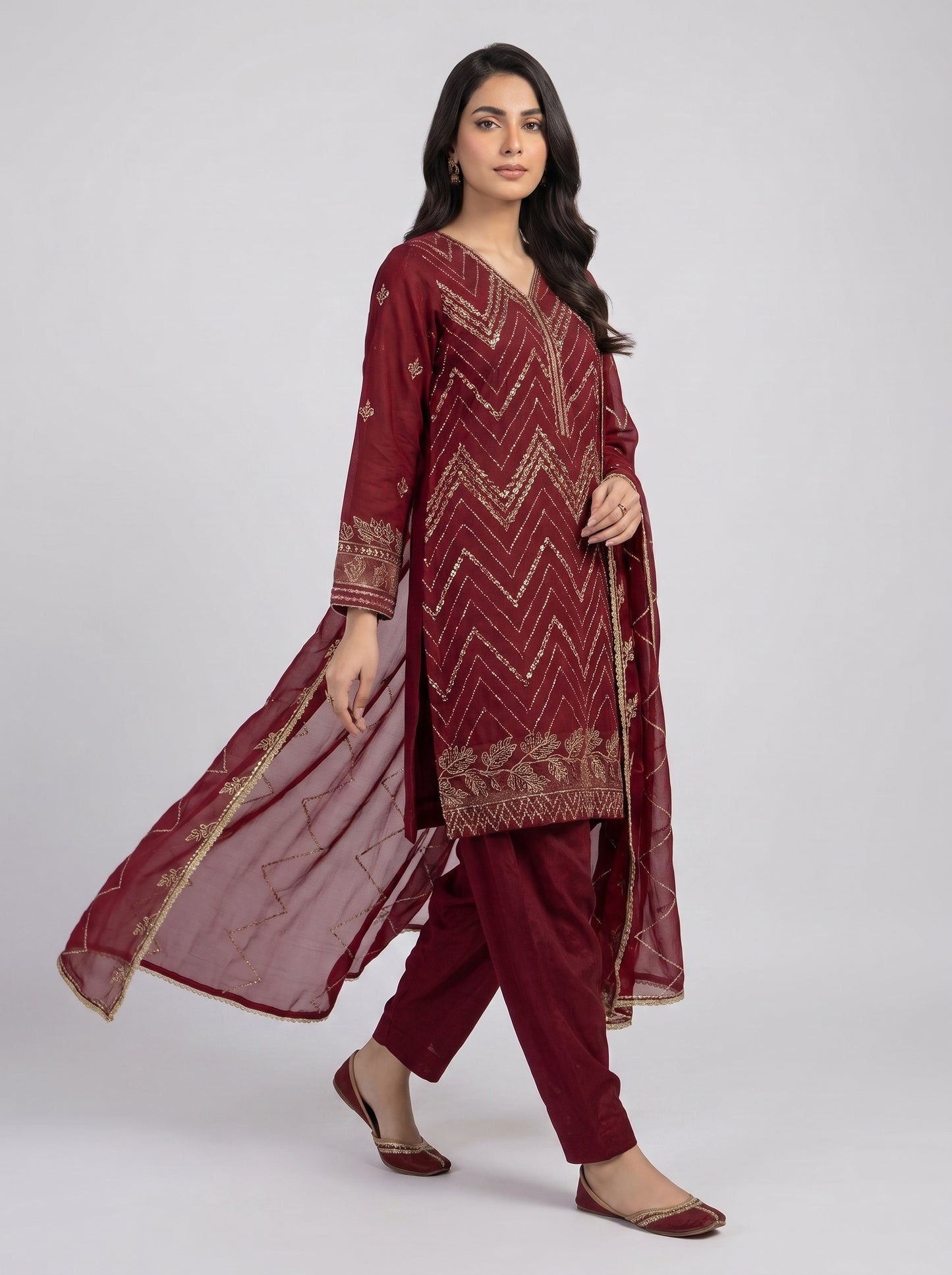 Embroidered Chiffon Suit Maroon