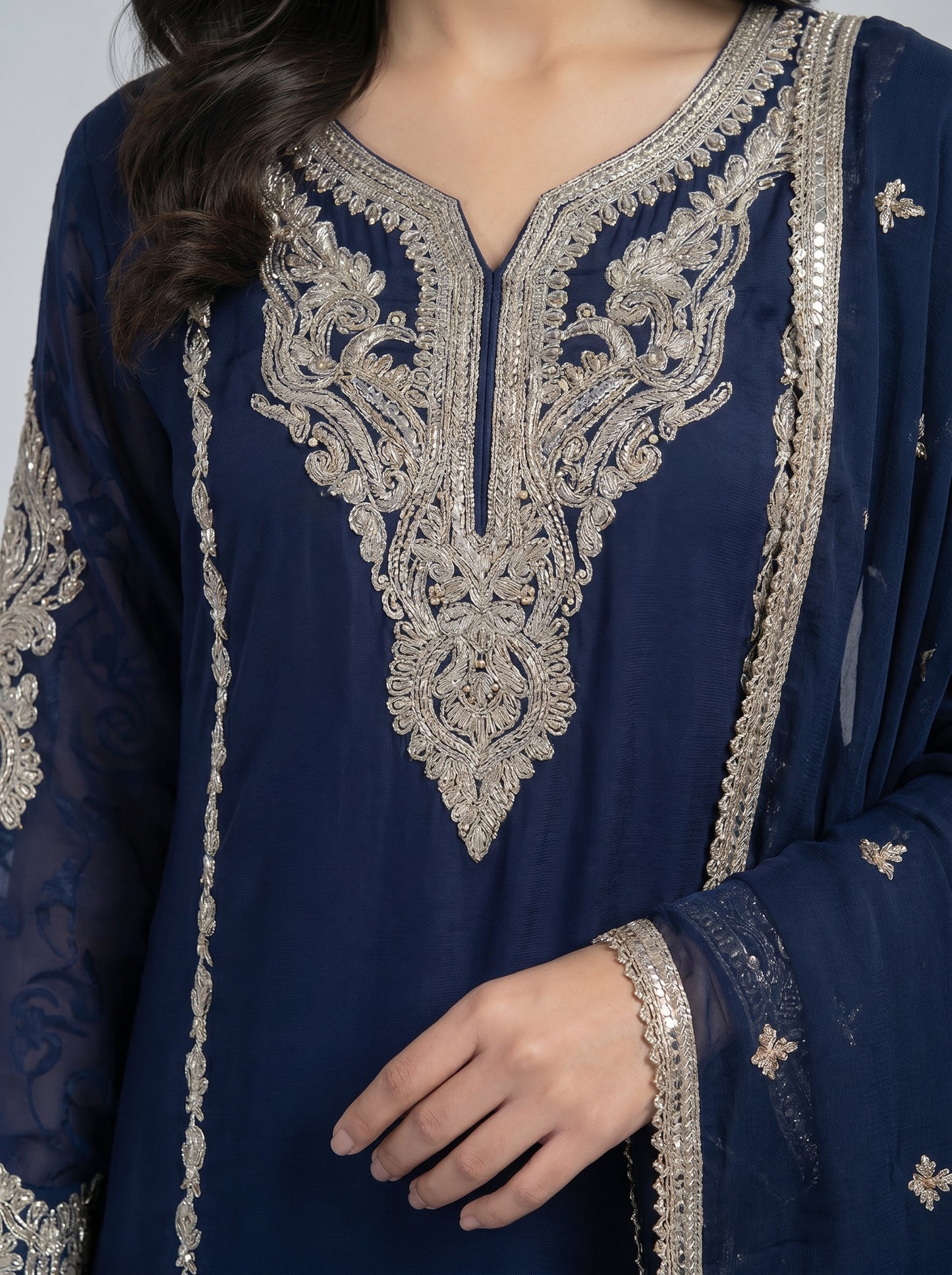 3 pcs chiffon plazo outfit with long kurta.