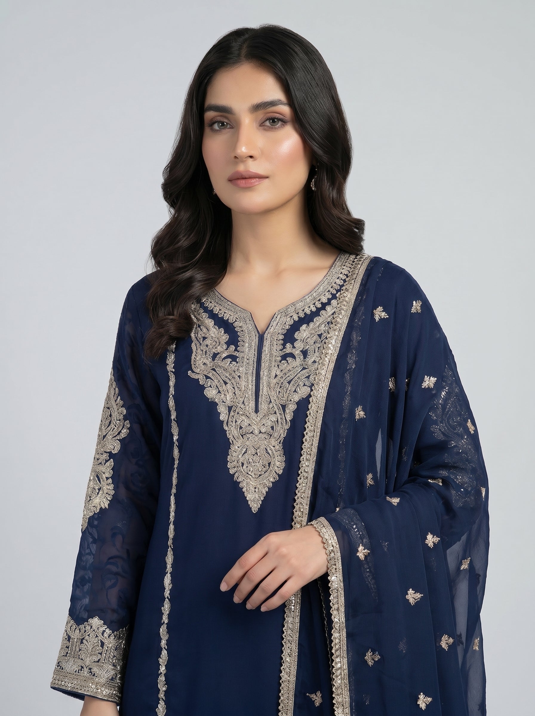 3 pcs chiffon plazo outfit with long kurta.