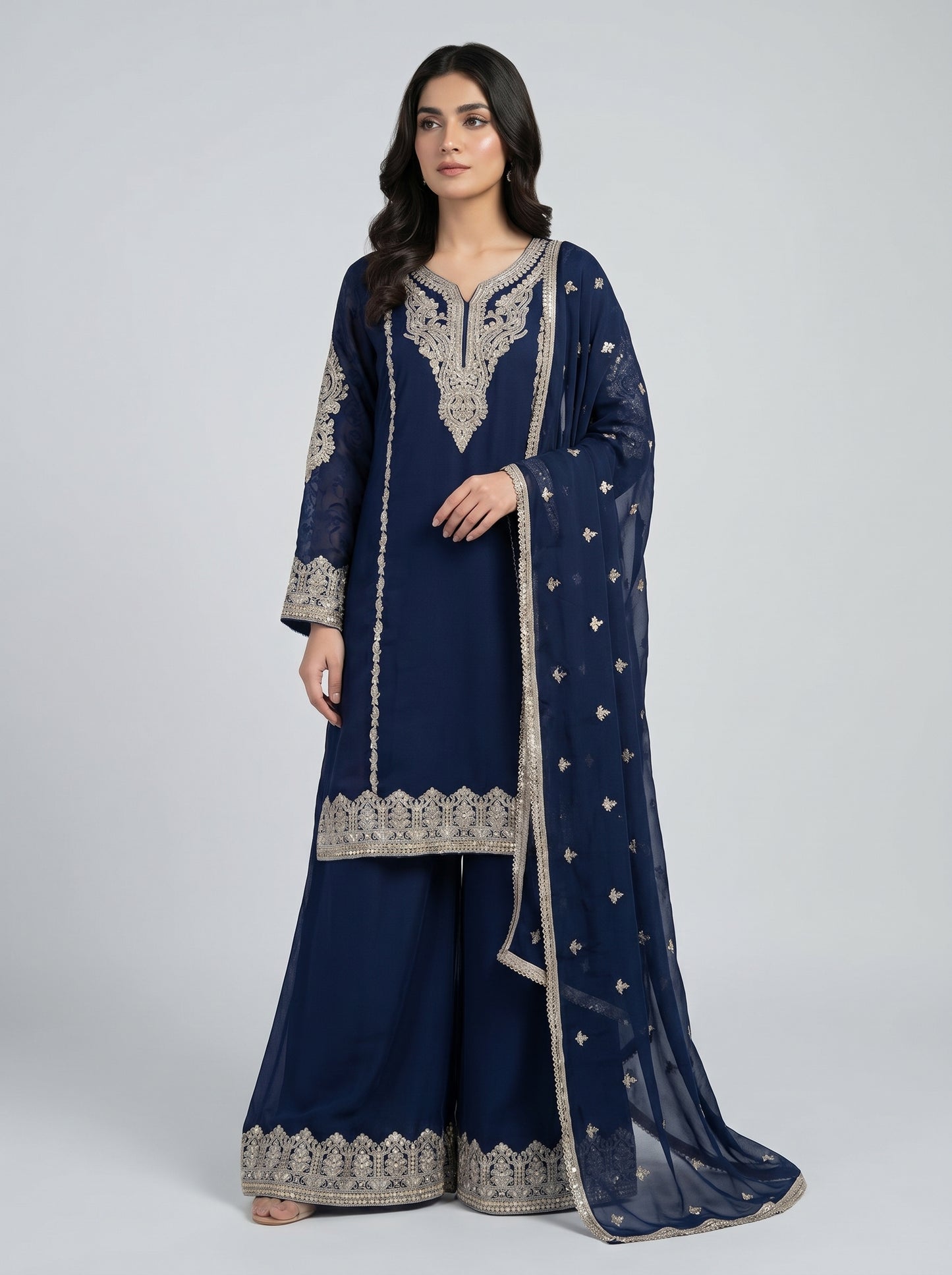 3 pcs chiffon plazo outfit with long kurta.