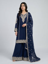 3 pcs chiffon plazo outfit with long kurta.