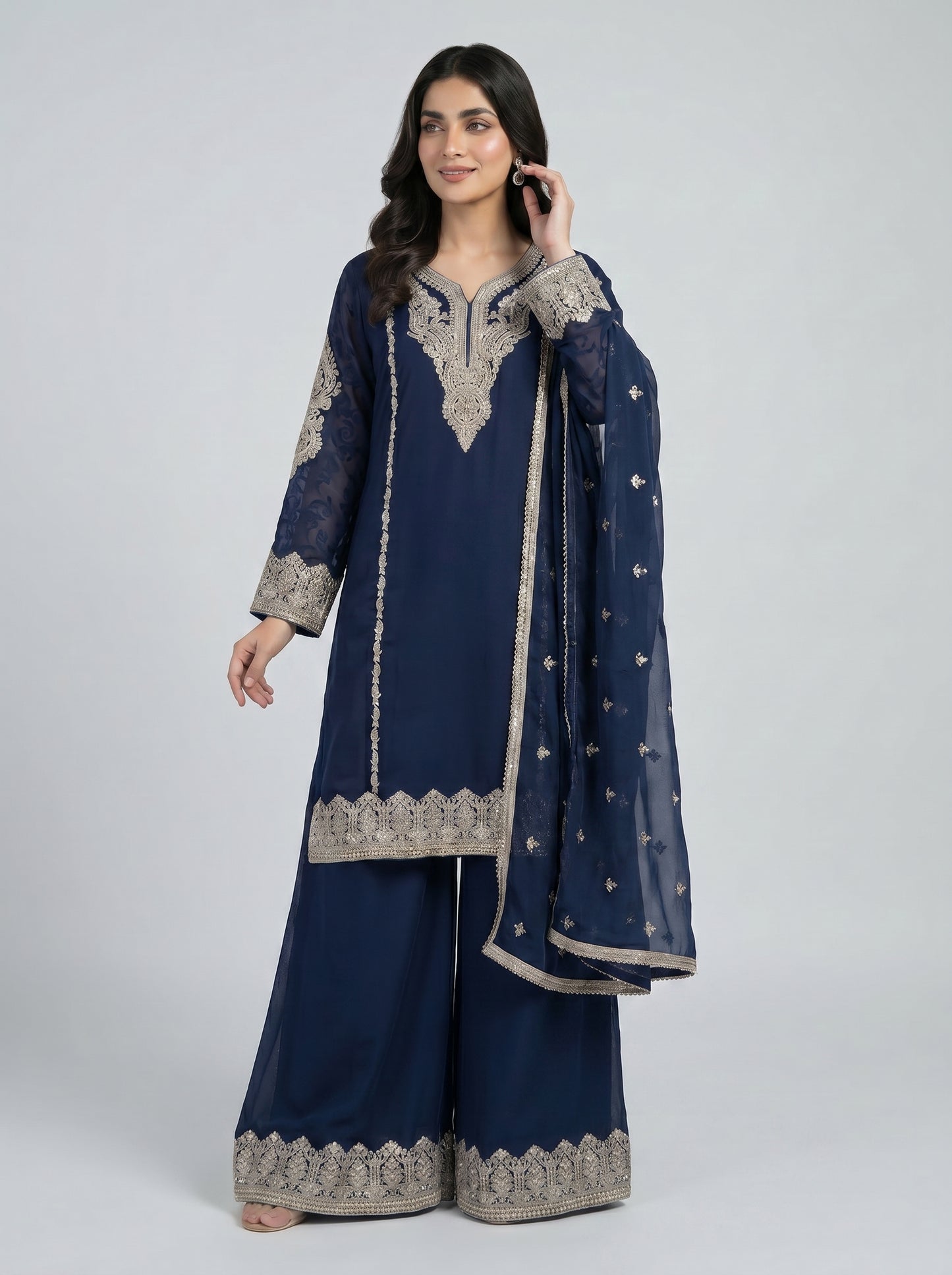 3 pcs chiffon plazo outfit with long kurta.
