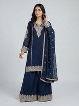 3 pcs chiffon plazo outfit with long kurta.
