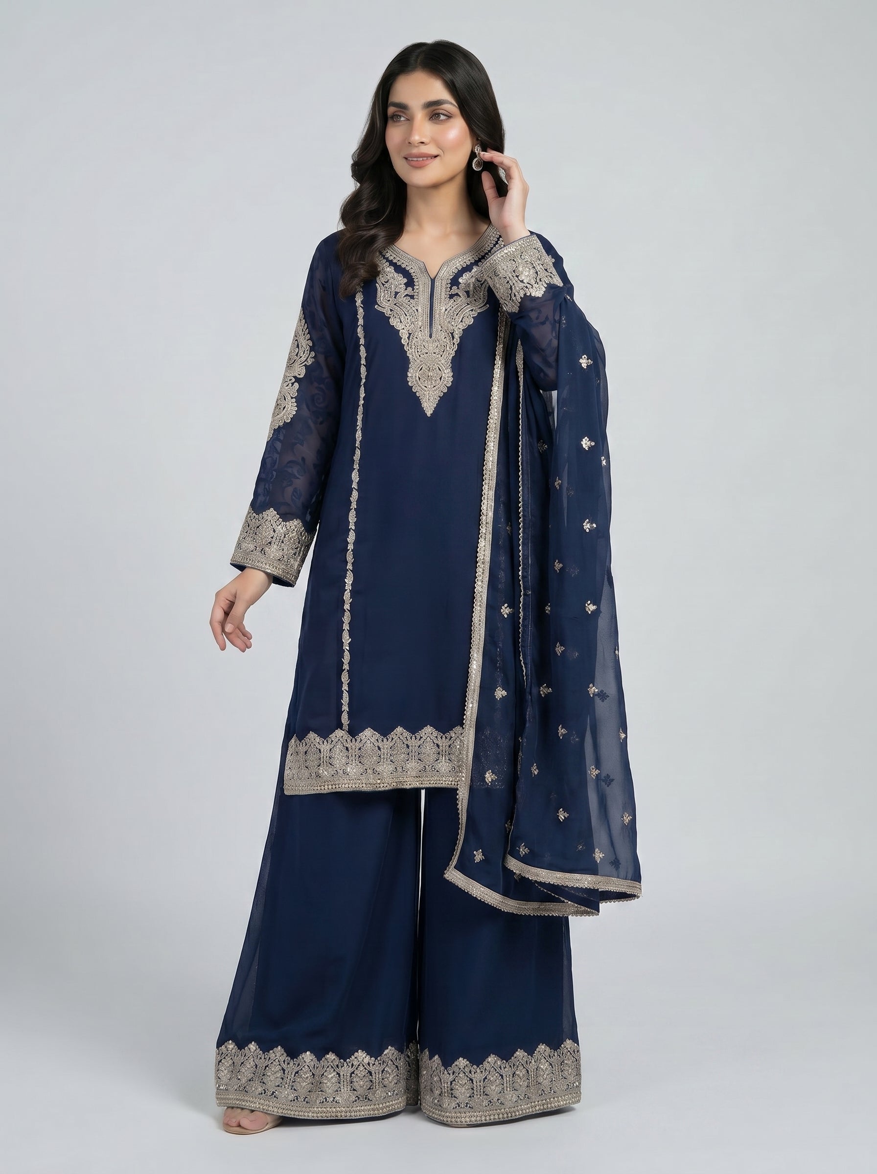 3 pcs chiffon plazo outfit with long kurta.