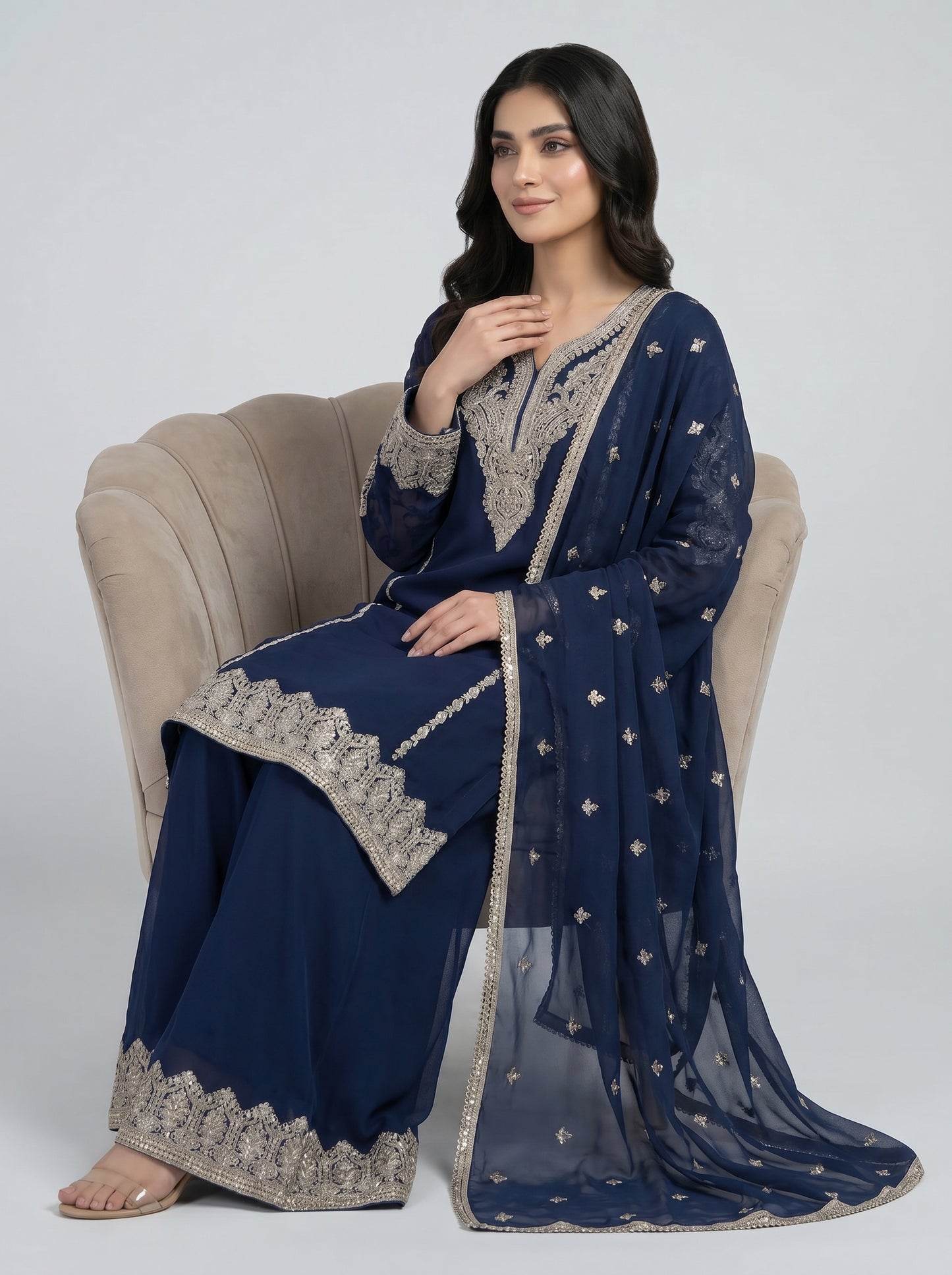 3 pcs chiffon plazo outfit with long kurta.