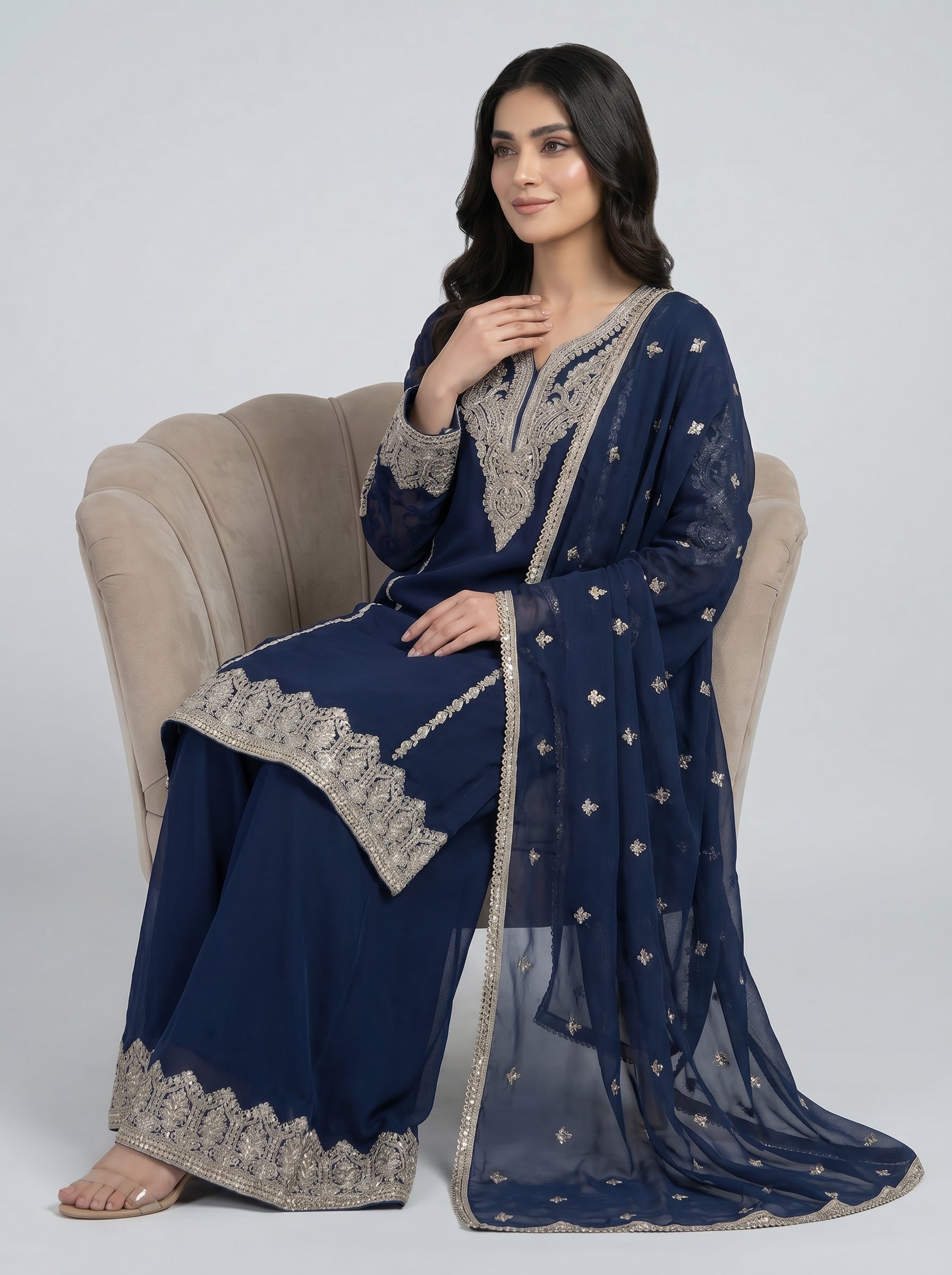 3 pcs chiffon plazo outfit with long kurta.