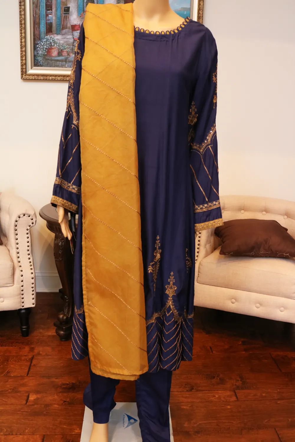 Embroidered Electric Blue Viscose Shirt & Trouser with Organza Dupattta