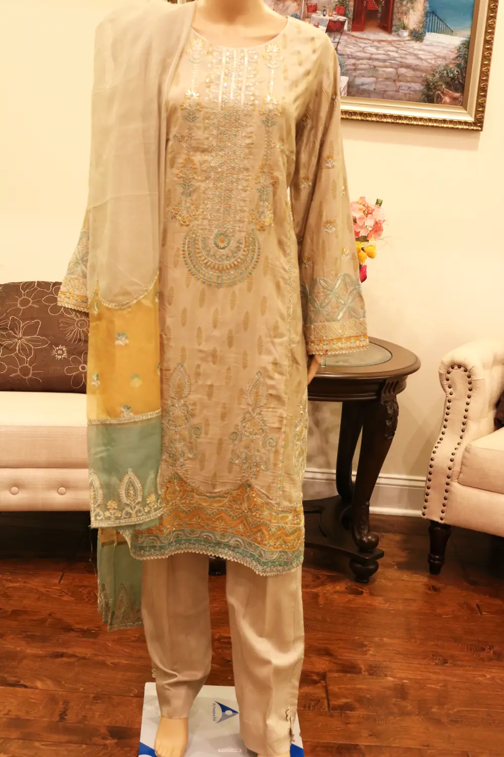 Embroidered Pistachio Hues Viscose Shirt & Trouser with Organza Dupattta