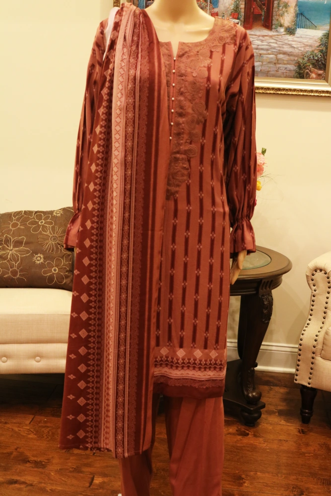 Embellished Linen Motifs In Dusty Rose Shirt with Dupatta and Trouser