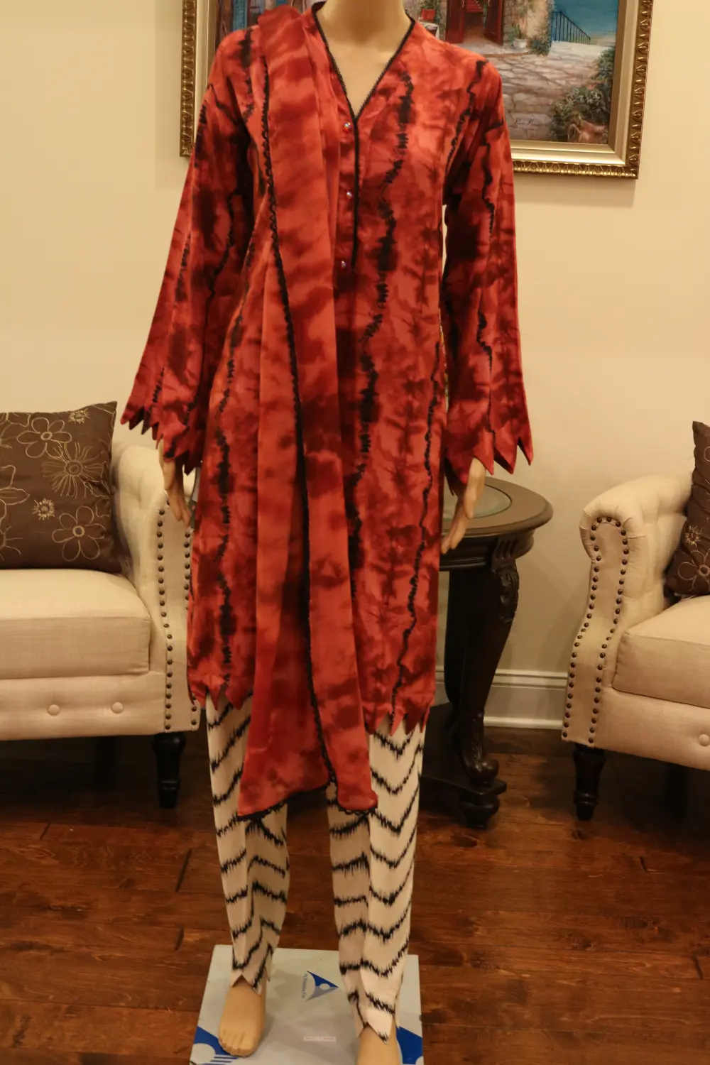 3PC Printed Linen Dull Coral Shirt with Trouser and Dupatta